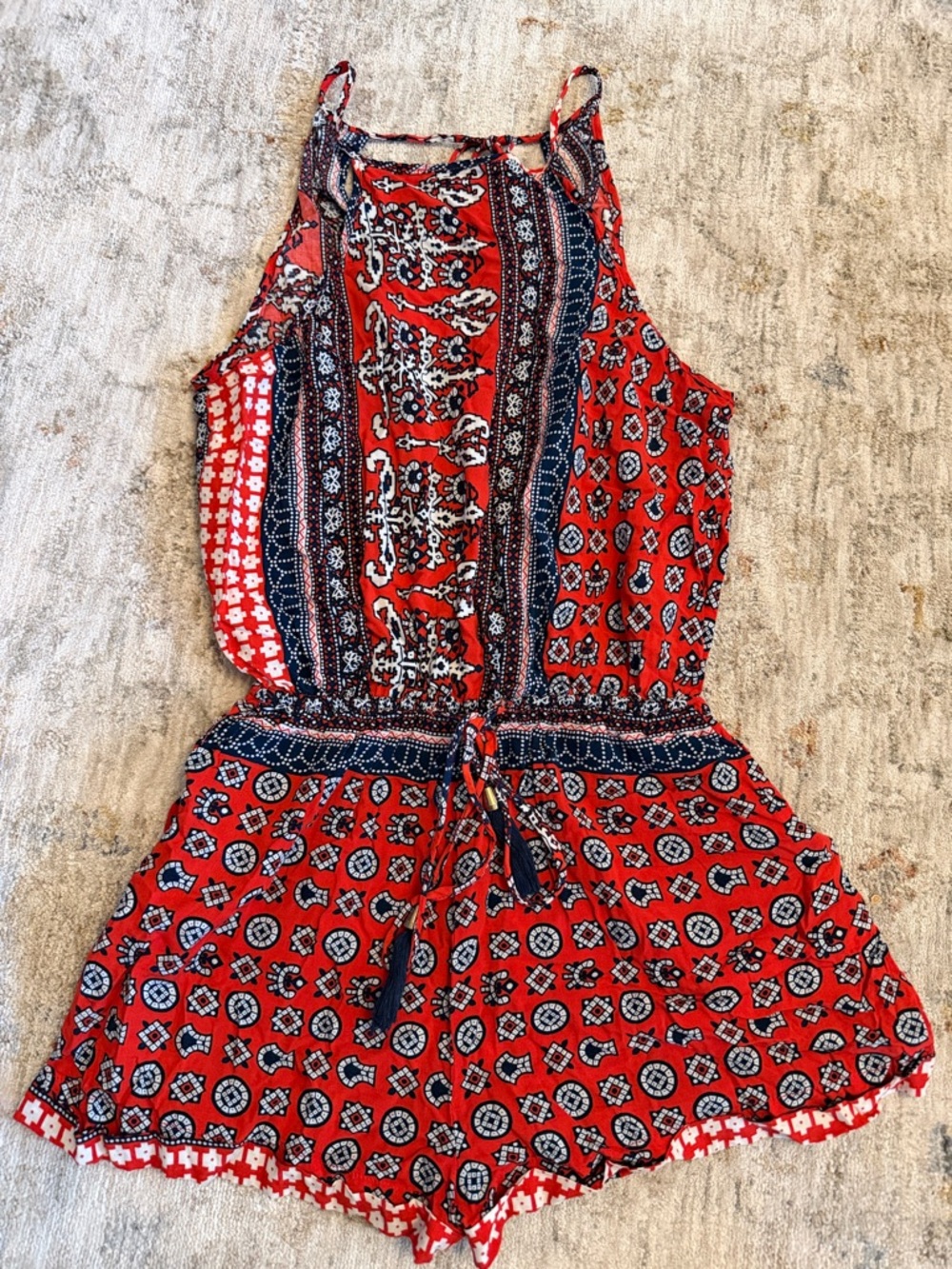 Mura Boutique Red and Navy Boho Sleeveless Romper
